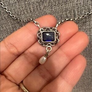 Blue Sapphire Necklace Center Pearl Drop Sterling Silver Pendant Chain Art Deco